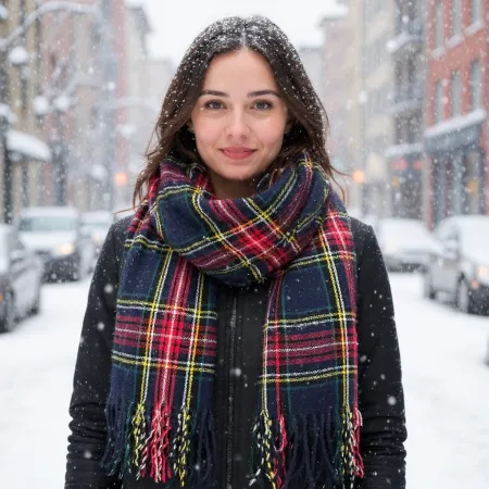 Szalik w granatowo - czerwoną kratę