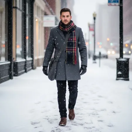 Szalik w granatowo - czerwoną kratę